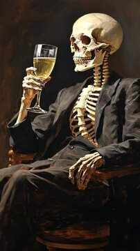A skeleton in a suit sits on a chair, holding a wine glass. The side angle adds a dramatic, eerie touch, reminiscent of a vintage horror video. Suitable as mobile wallpaper.