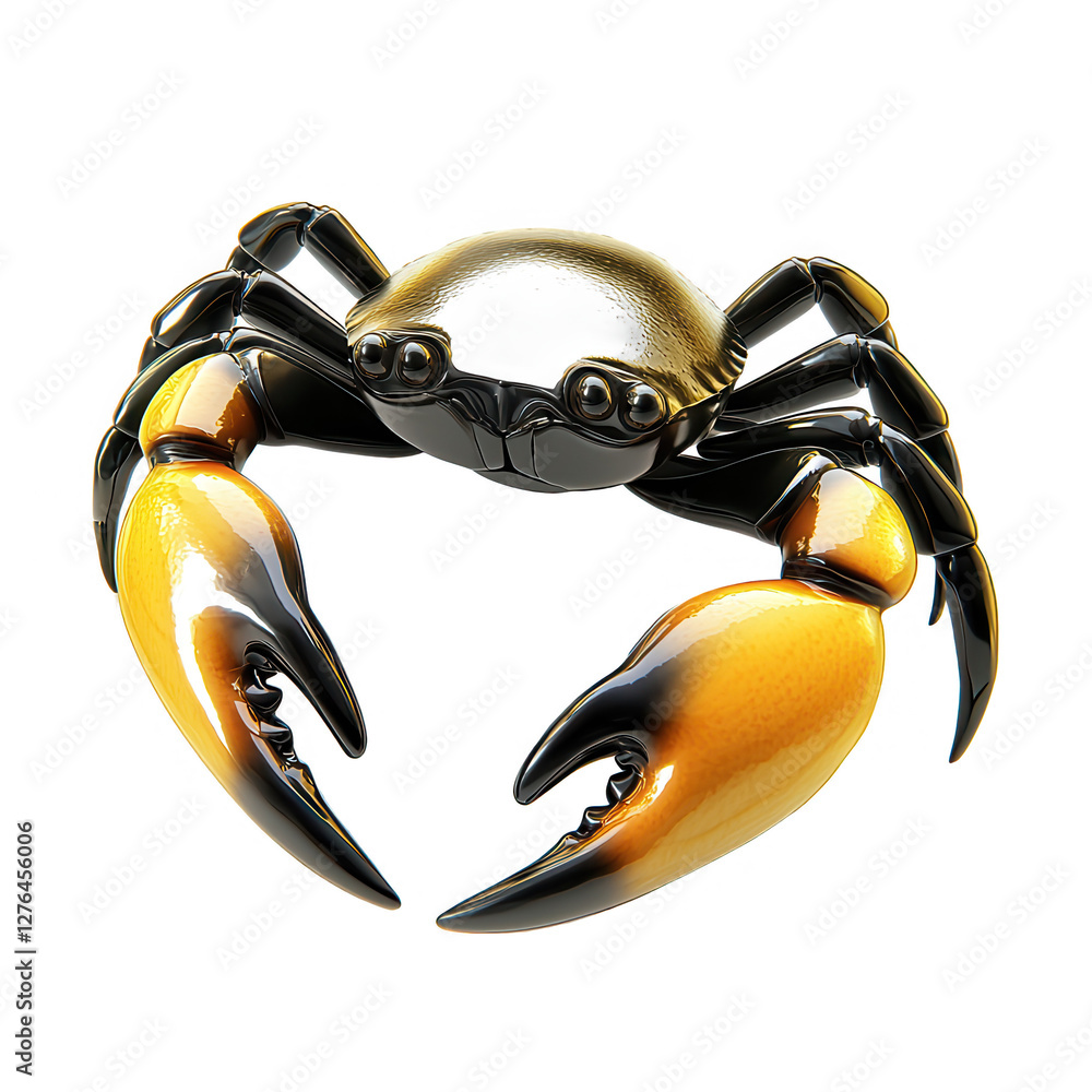 Poster a realistic 3d render of a golden crab with black accents. the crab features large claws and a gloss