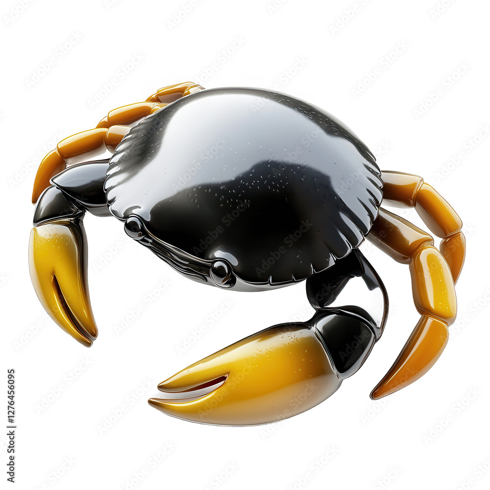 Poster a detailed 3d render of a crab with a shiny black shell and yellow claws. the crab is posed dynamica