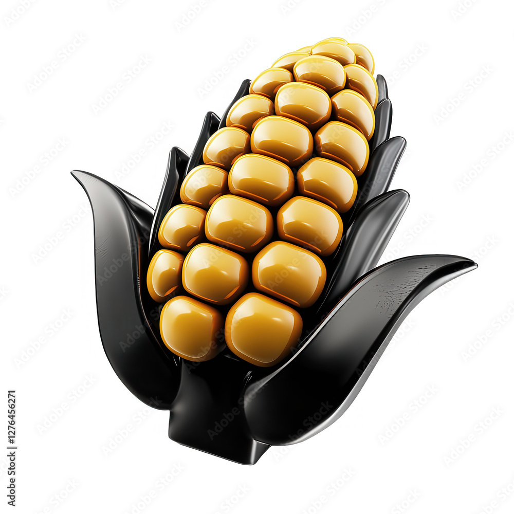 Poster a detailed 3d render of a corn cob designed with shiny yellow kernels and dark petals, showcasing a 