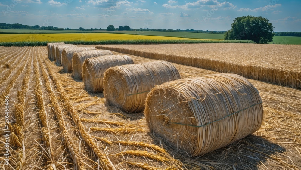 Poster bales of straw arranged in a field under a bright sky with distant trees and farmland in the backgro