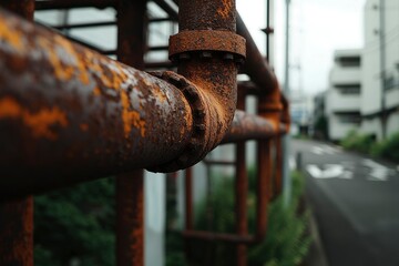 Rusty pipes along a quiet urban street