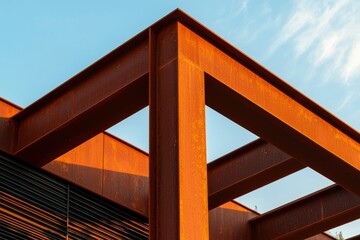 Rusty steel beams against blue sky, architectural detail