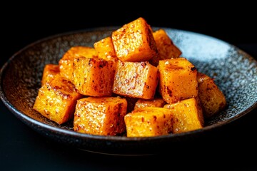 Roasted butternut squash cubes in a bowl on a dark background