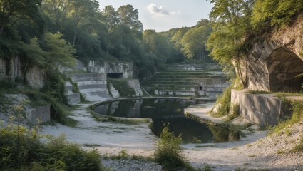 Abandoned quarry landscape with green foliage and still water reflecting rocky formations under a clear sky during daylight.
