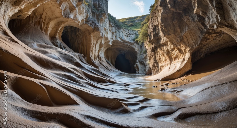 Poster panoramic view of a river flowing through a canyon with textured rock formations and shadows under a