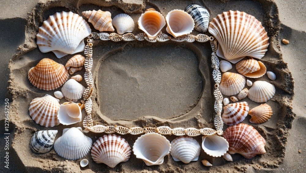 Aufkleber seashells arranged in a decorative frame on sandy beach background with space for text in the center