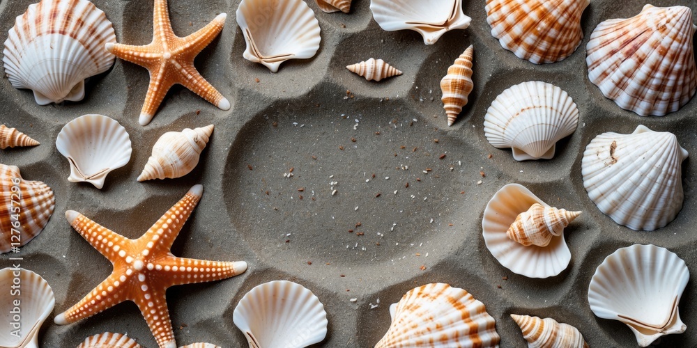 Poster seashells and starfish arranged on sandy beach with empty center space for text or design purposes