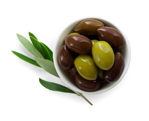 Delicious marinated olives in bowl and leaves isolated on white, top view