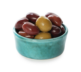 Delicious marinated olives in bowl isolated on white