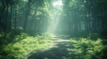 Obraz premium Misty Forest Path Sunlight