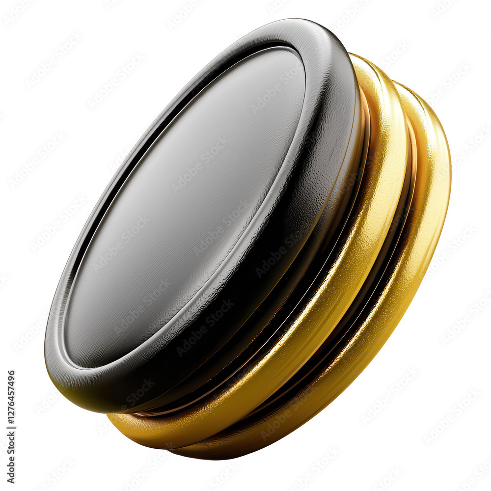 Poster a modern 3d rendered coin featuring a black and gold color scheme, highlighting its smooth and shiny
