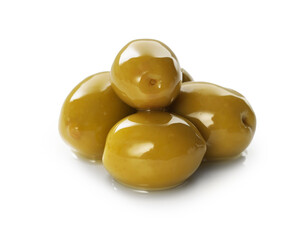Delicious marinated green olives isolated on white