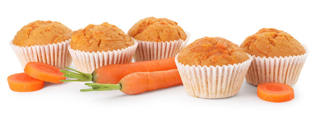 Tasty carrot muffins and fresh vegetables isolated on white