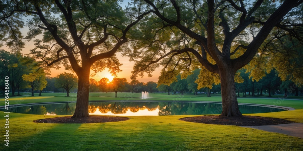 Poster sunset reflection over tranquil pond surrounded by trees in park setting with vibrant greenery and c