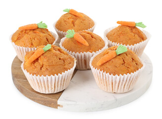 Tasty sweet carrot muffins isolated on white