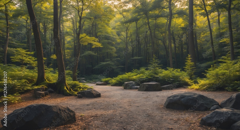 Poster serene forest scene with rocks and lush green vegetation under soft sunlight. dense trees create a t
