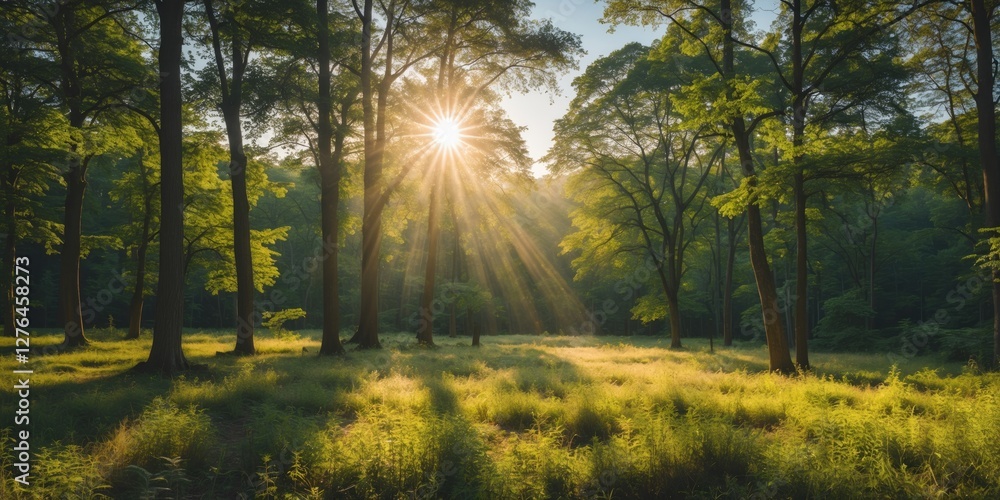 Poster sunlight filtering through trees in a lush green forest creating a serene atmosphere with tall grass