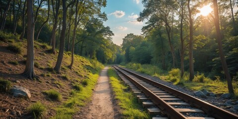 Fototapeta premium Forest pathway beside railway tracks with lush green trees and blue sky in the background during golden hour lighting.