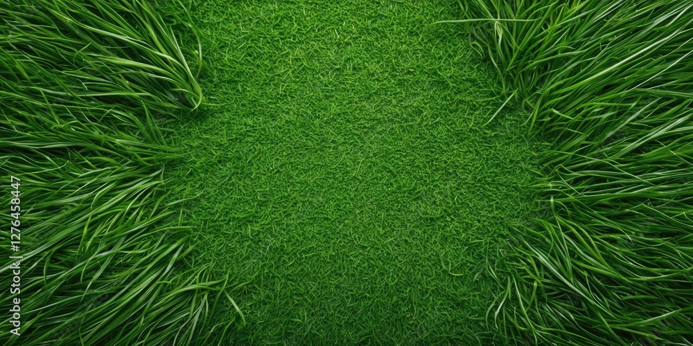 Poster lush green grass background with a symmetrical layout featuring blades of grass on the edges and a c