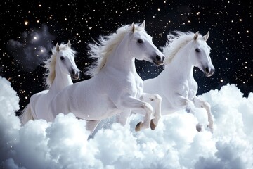 Three white horses running through clouds under a starry night sky