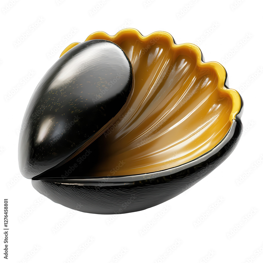 Poster a beautifully designed 3d render of a black and yellow shell, showcasing smooth textures and elegant