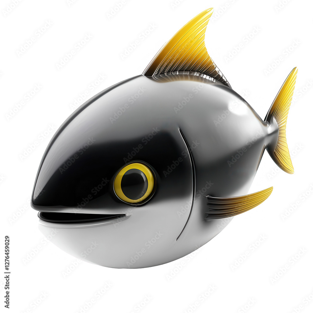 Poster a 3d rendered fish model with a shiny surface, featuring yellow fins and a playful expression, perfe