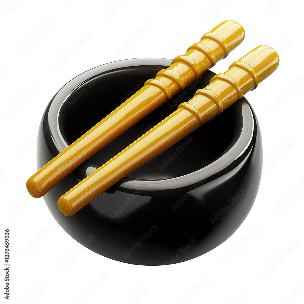 Poster a black bowl with two yellow bamboo chopsticks resting on top. the image is a 3d render with a dark 