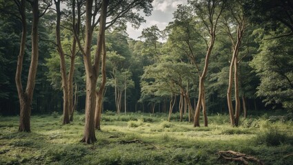 Dense forest landscape with tall trees and lush green undergrowth in natural lighting under a partly cloudy sky
