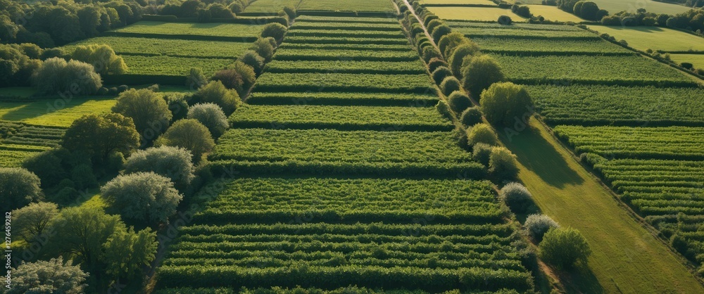 Aufkleber aerial view of lush green agricultural fields with neatly arranged rows and trees along the borders 