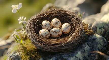 Obraz premium Birds Nest With Speckled Eggs On Mossy Rock