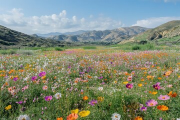 Fototapeta premium A vibrant field of blooming flowers with towering mountains behind