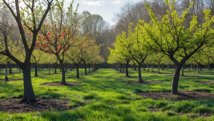 Obraz premium Fruit orchard in spring featuring blooming trees and lush green grass under clear blue sky with sunlight filtering through foliage