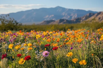 A vibrant field of blooming flowers with towering mountains behind