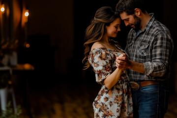 A couple sharing a romantic slow dance in warm candlelight, with a cozy country ambiance