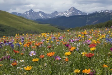 Fototapeta premium A vibrant field of blooming flowers with towering mountains behind