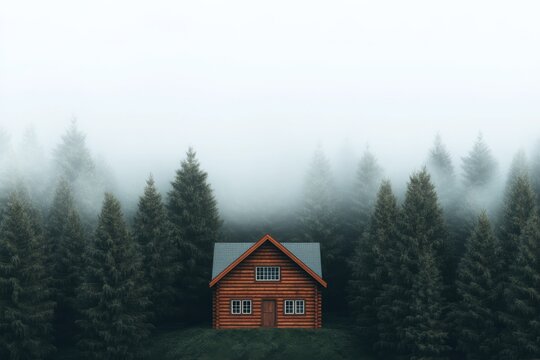Cozy wooden cabin nestled in foggy evergreen forest - Powered by Adobe