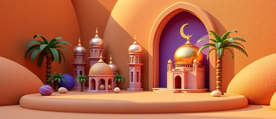Ramadan Mosque Oasis Banner. Enchanting desert scene with golden domes & palms. Ideal for holiday greetings, cultural events, & serene designs.