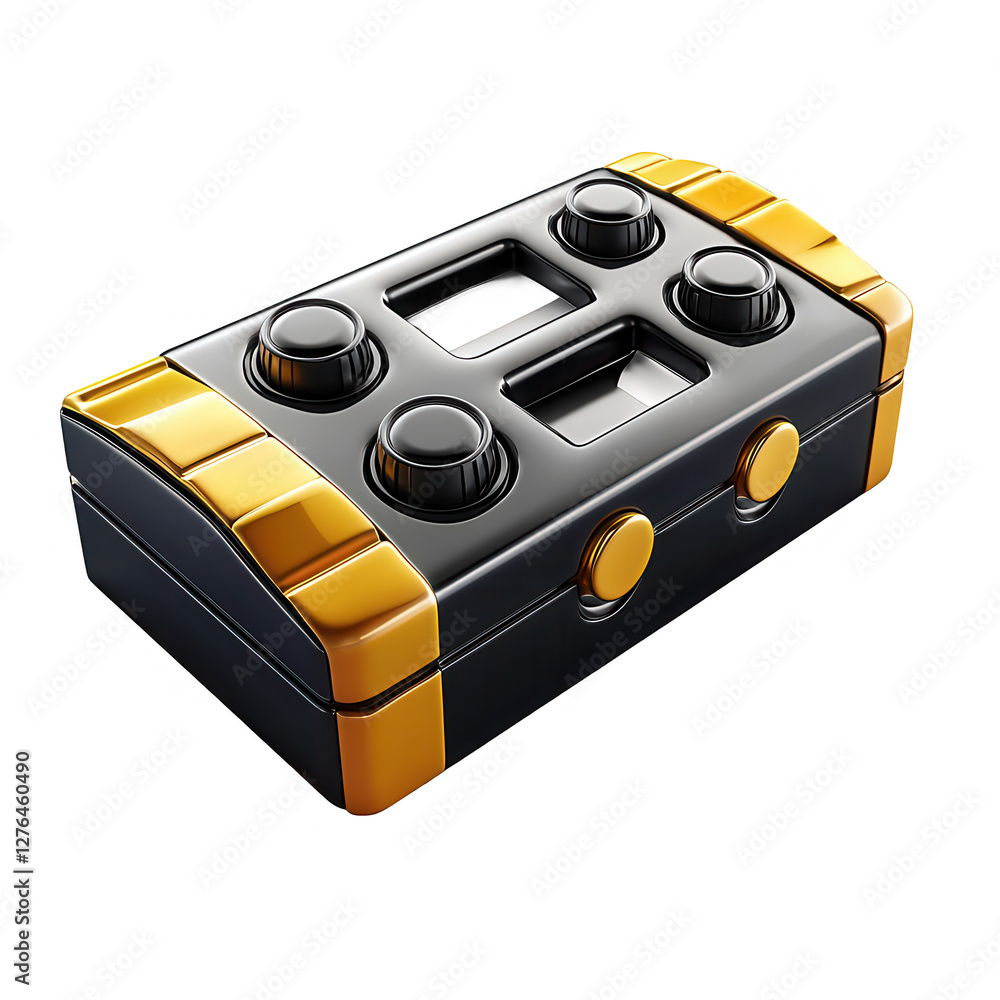 Poster a sleek black and gold box with rounded control buttons, showcasing a sophisticated design ideal for