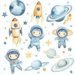 Hand-Painted Space Journey with Little Astronauts. Pastel Space Scene with Rockets and Planets. Cute Cartoon Astronaut Kids in Outer Space