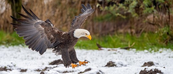 Bald eagle landing on snowy ground