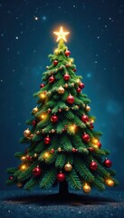 Fototapeta premium Green Christmas tree with sparkling ornaments under a starry night sky, ornaments, twinkling lights