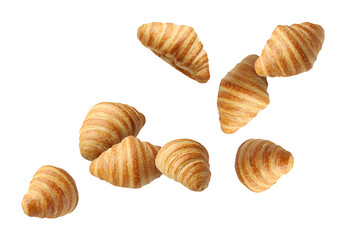 Delicious croissants in air on white background. Puff pastry