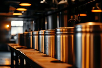 Metal containers on counter in brewery with warm lighting