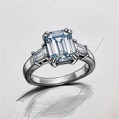 Obraz premium sketch of baguette diamond ring on plain white background