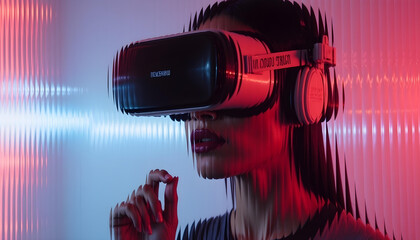 Mujer con gafas de realidad virtual. Efecto cristal fractal