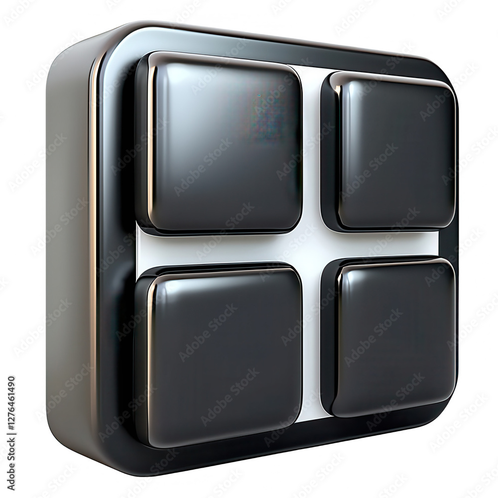 Poster this image depicts a modern black 3d icon with a sleek and shiny design. the icon features a square 