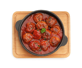 Delicious meatballs with tomato sauce in baking dish isolated on white, top view