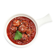 Delicious meatballs with tomato sauce, parmesan cheese and parsley isolated on white, top view