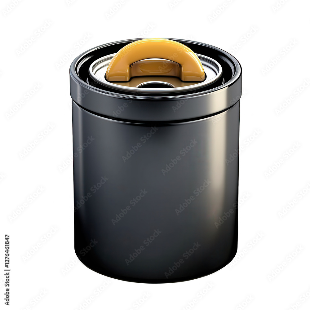 Poster A 3D render of a black trash can featuring a yellow lid. The design is sleek and modern, suitable for various environments.